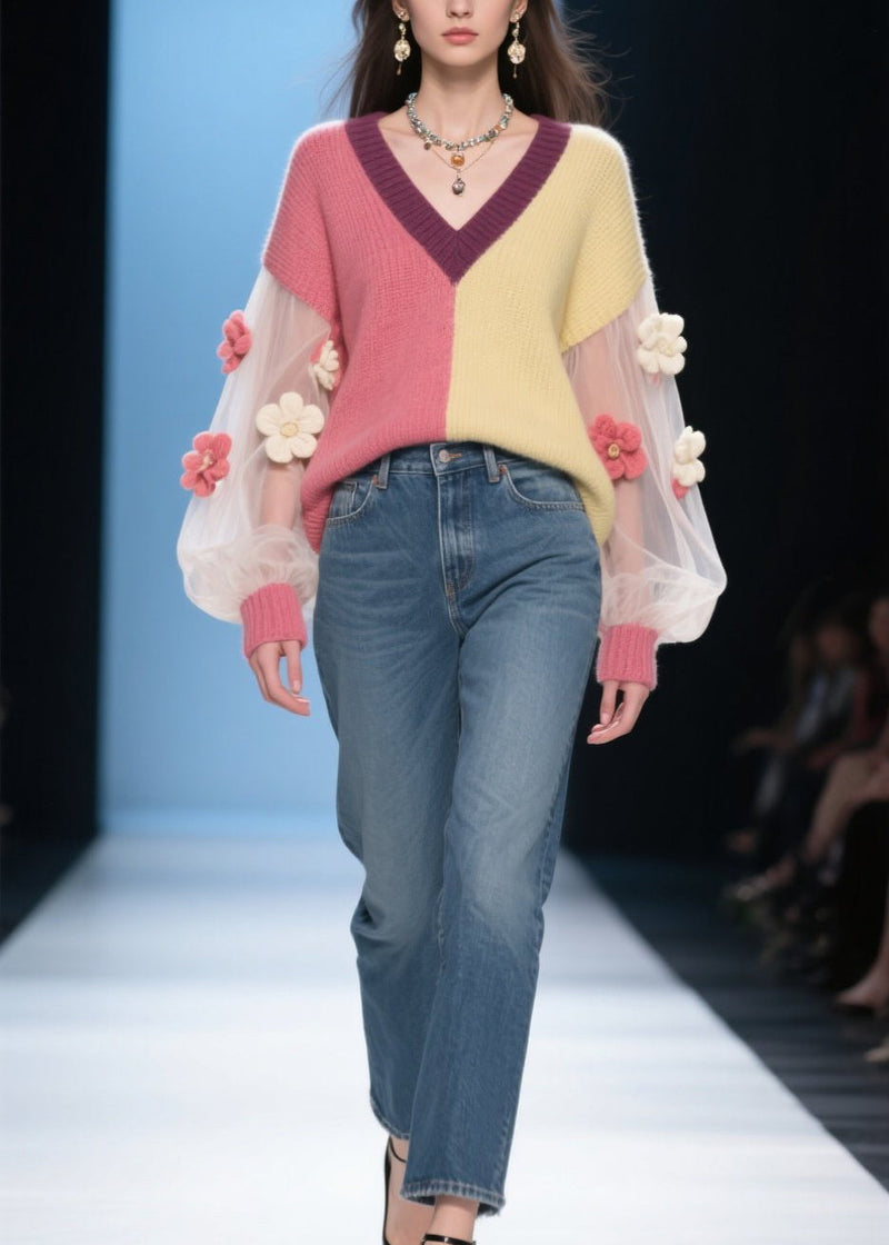 French Colorblock V Neck Tulle Patchwork Knit Sweaters Fall
