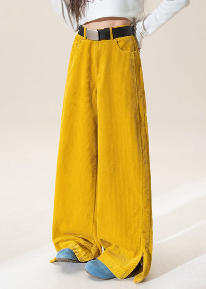 Yellow High Waist Pockets Corduroy Straight Pants Winter