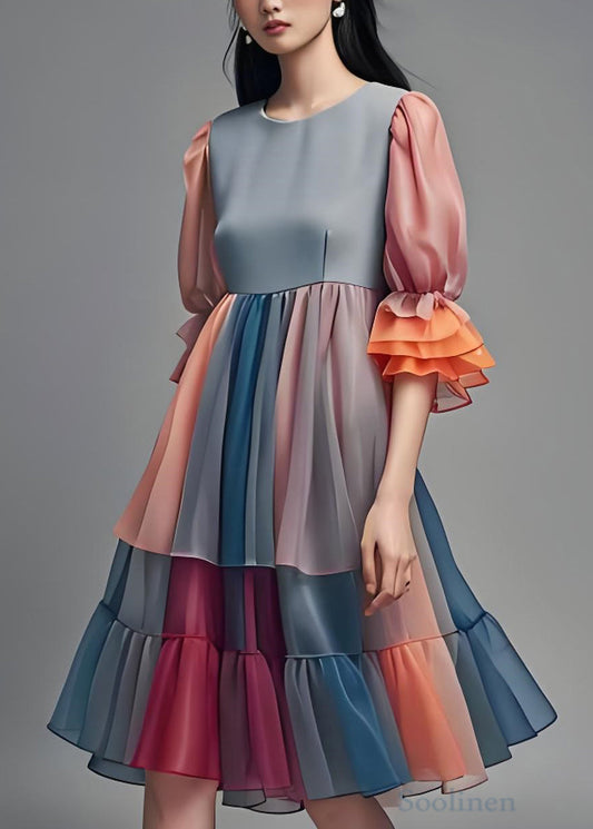 Colorblock Ruffled Patchwork Chiffon Dress Summer