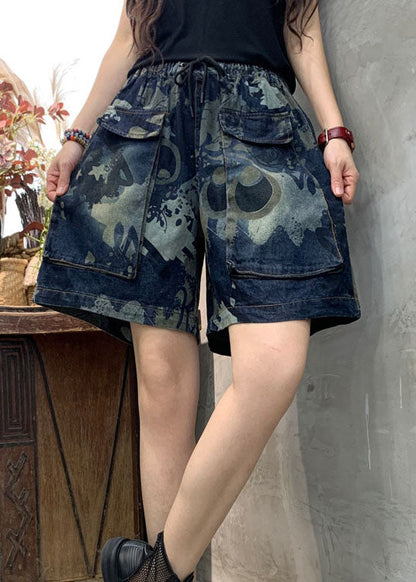 Organic Blue Retro Print Pockets Denim Summer Shorts