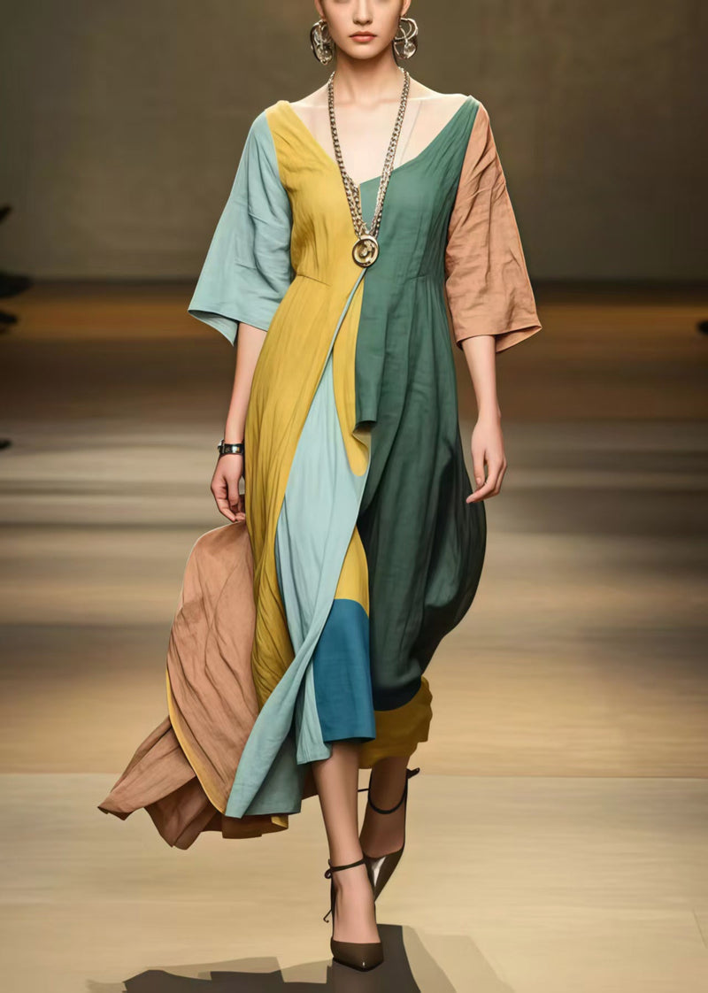 Style Asymmetrical Patchwork Applique Cotton Long Dress Half Sleeve