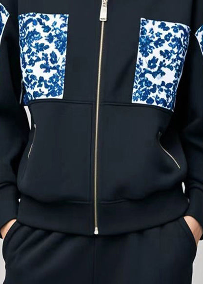Black Stand Collar Patchwork Print Cotton Coats Fall