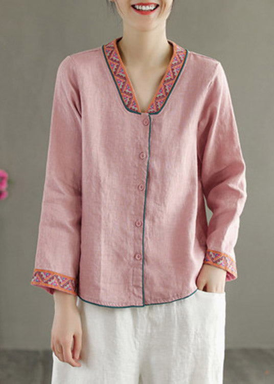 Blue V Neck Embroideried Button Linen Shirt Long Sleeve