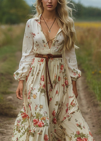 V Neck Print Long Sleeve Pastoral Dress Fall