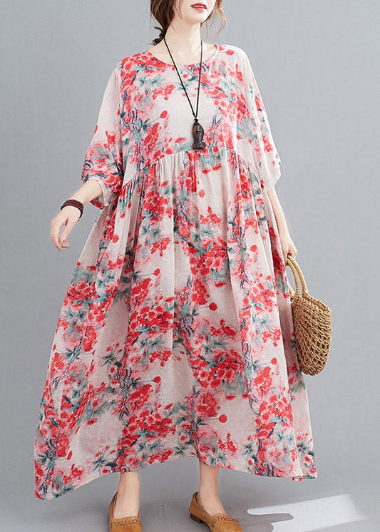 Art O-neck Pink Print Wrinkled Linen Long Dresses Three Quarter Sleeve