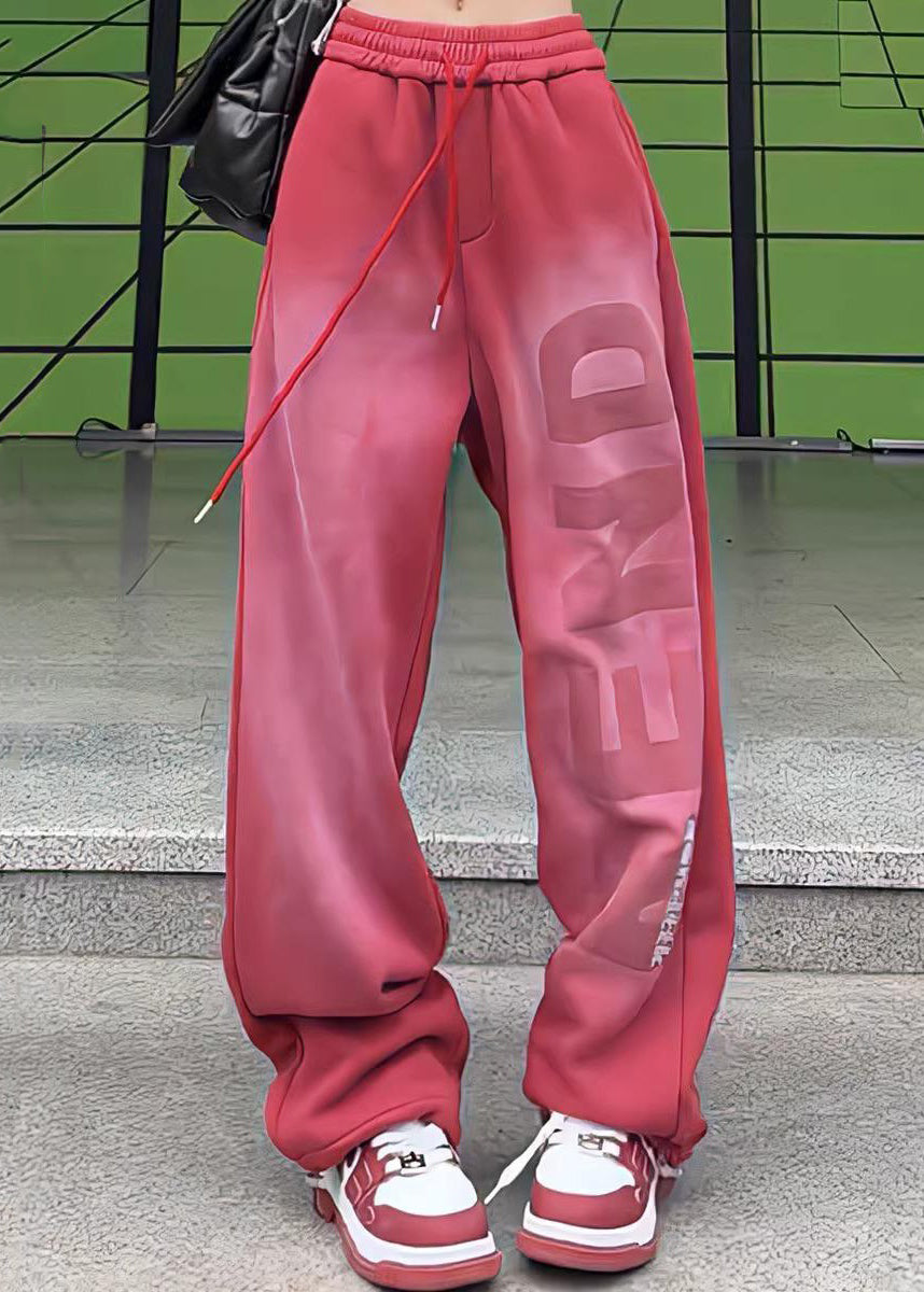 Red Gradient Color Lace Up Elastic Waist Cotton Pants Spring