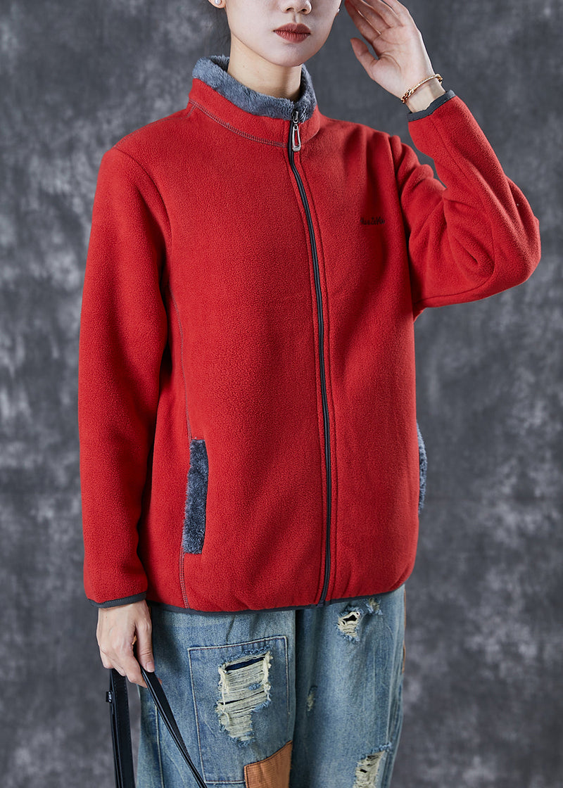 Simple Red Embroideried Warm Fleece Coat Winter