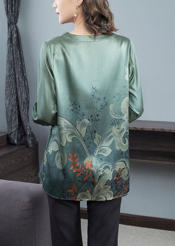 Blackish Green O Neck Print Patchwork Silk Top Fall