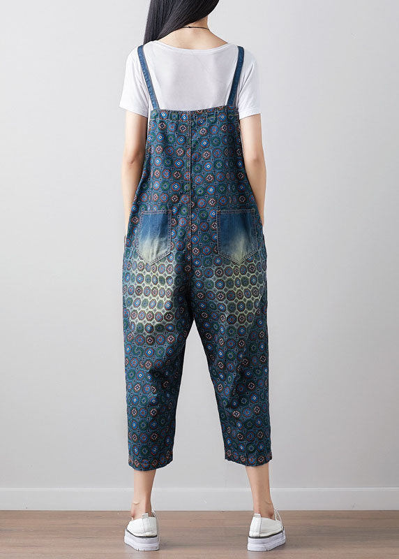 Loose Dark Blue Print Denim Jumpsuit Spring
