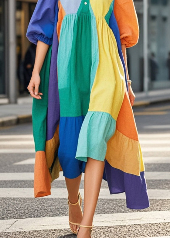 Asymmetrical Patchwork Exra Large Hem Chiffon Holiday Dress Half Sleeve