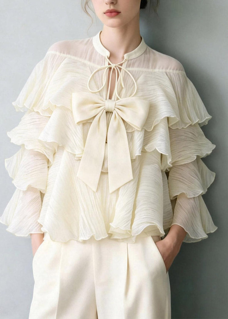 White Tie Lace Bow Ruffled Patchwork Top Spring