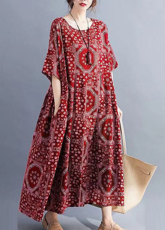 Red O Neck Print Pockets Cotton Long Dress Summer
