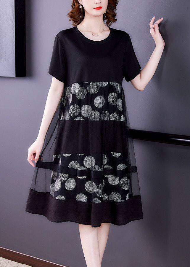 Loose Black O-neck Patchwork Tulle Cotton Fake Two Piece Dress Summer