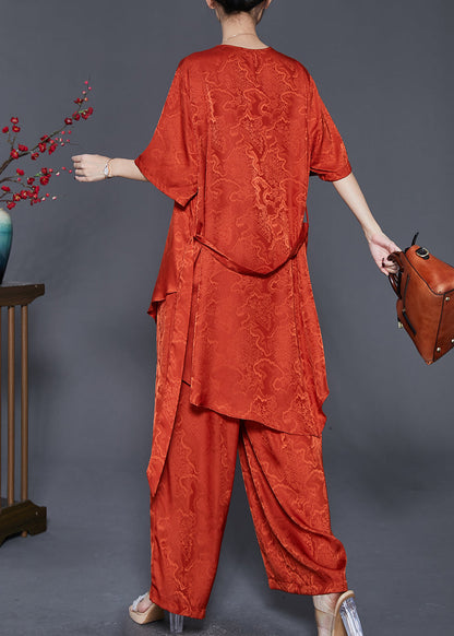 Orange Asymmetrical Print Silk Two Piece Set Summer