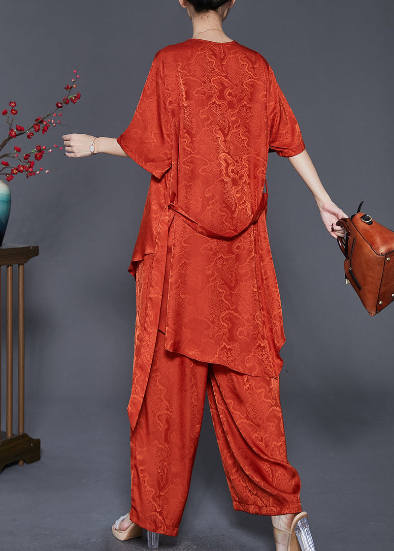 Orange Asymmetrical Print Silk Two Piece Set Summer