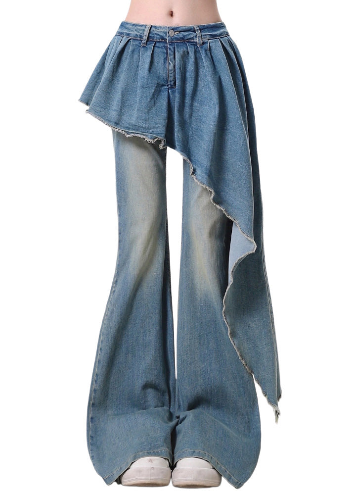 Blue Asymmetrical Patchwork Denim Flared Trousers Pants Spring