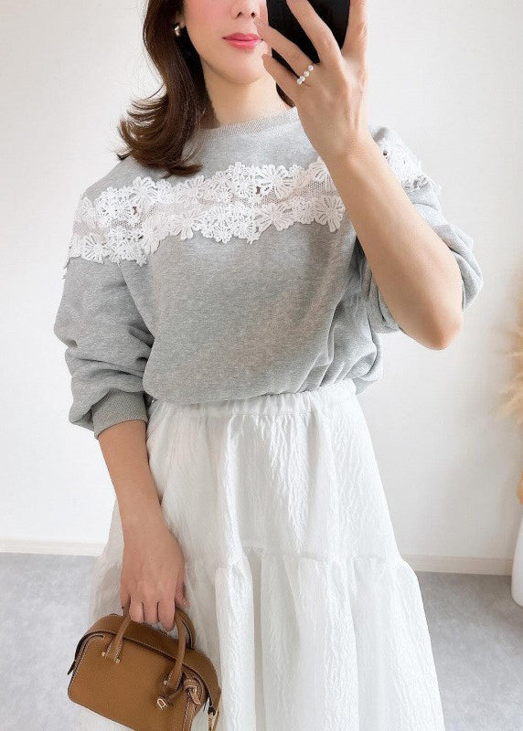 Grey O Neck Lace Patchwork Cotton Sweatshirts Fall