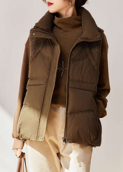 Khaki Peter Pan Collar Zippered Warm Fine Cotton Filled Waistcoat Sleeveless
