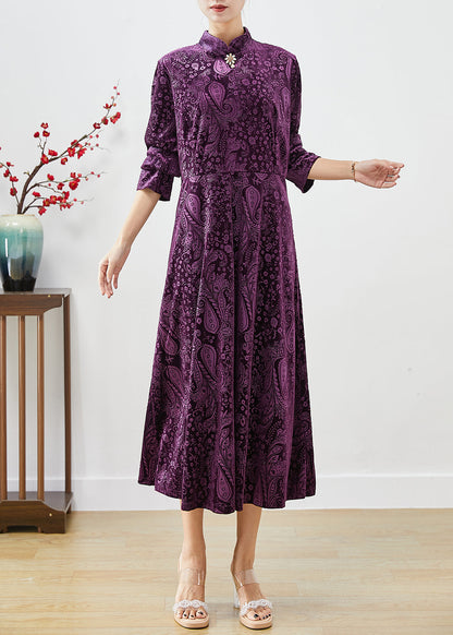 Purple Mandarin Collar Print Silk Velour Dresses Fall