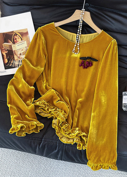 Yellow O Neck Ruffled Silk Velour T Shirt Fall