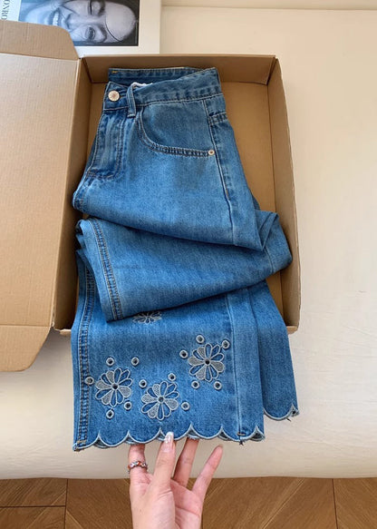 Blue Embroidered Denim Crop Pants Trousers Fall