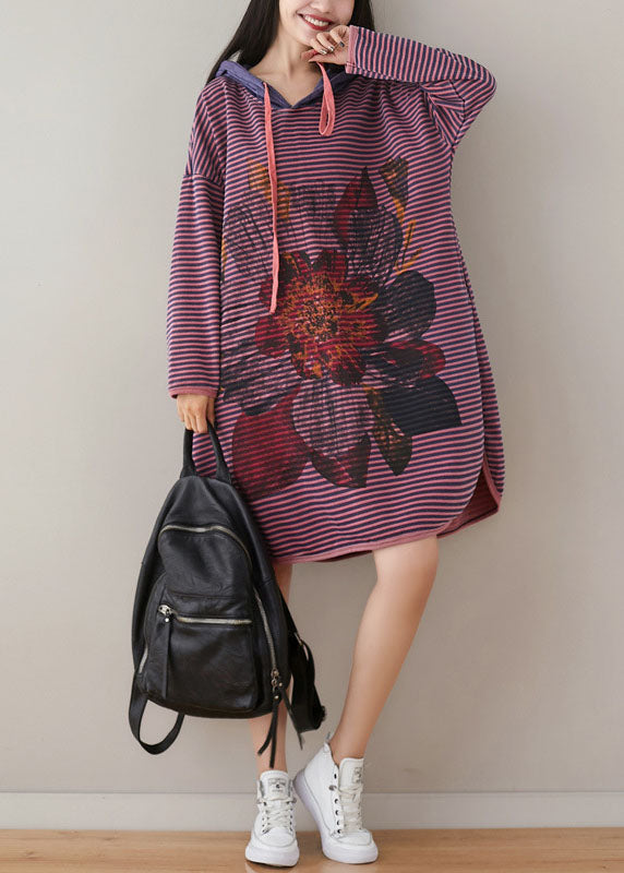 Purple Hooded Striped Print Cotton Sweatshirt Dress Spring