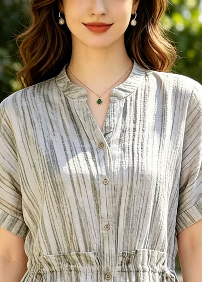 Beige Ruffled Striped Cotton Blouse Tops Summer