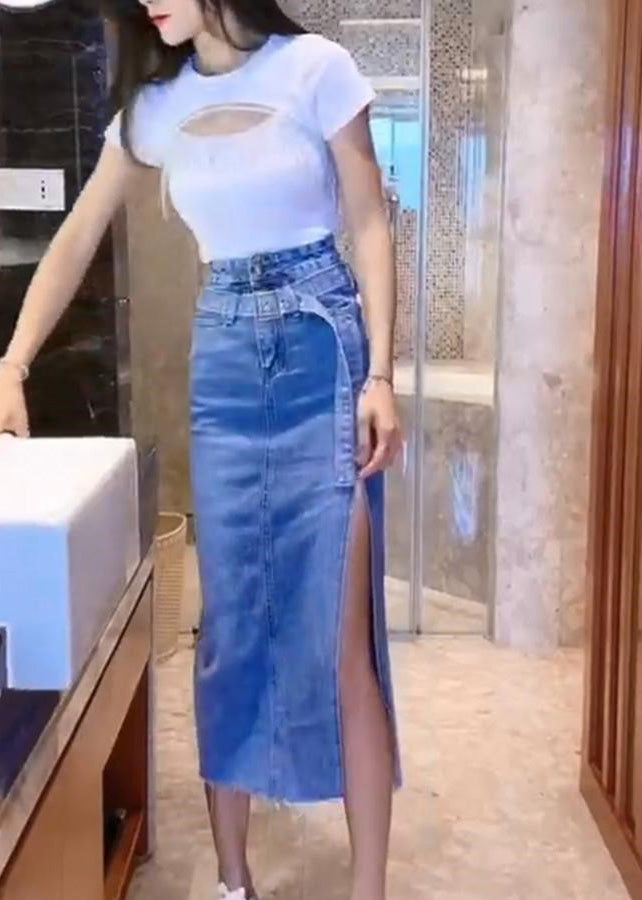 Blue Patchwork Sashes Side Open Denim Maxi Skirt