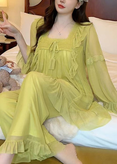 Green Square Collar Lace Up Tulle Pajamas Two Piece Suit Set Butterfly Sleeve