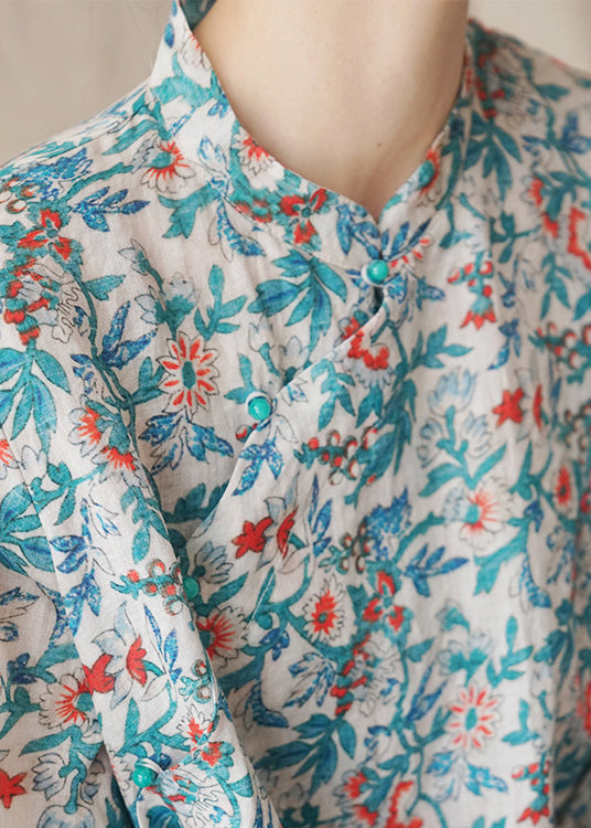 Blue Button Print Linen Shirts Bracelet Sleeve