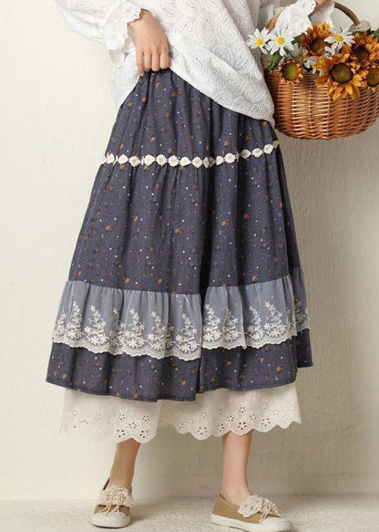 Navy Print Lace Elastic Waist Cotton Skirt Spring