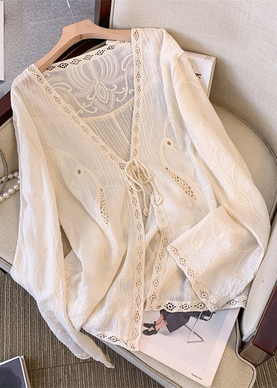 Apricot V Neck Hollow Out Embroidered Lace Cardigans Spring