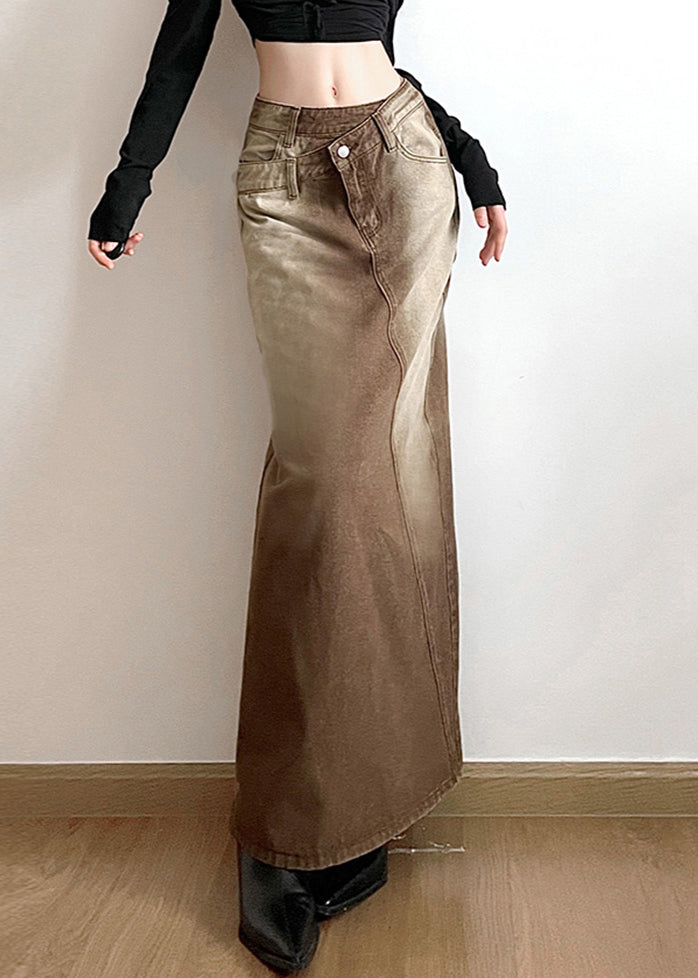 Light Brown Asymmetrical Side Open Denim Skirt Fall