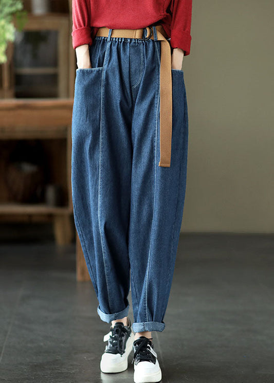 Brief Blue Elastic Waist Pockets Harem Pants Spring