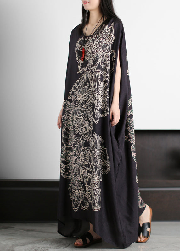 Original Design Black O-neck Print Silk Maxi Dress Batwing Sleeve