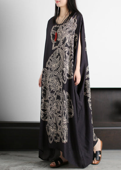 Original Design Black O-neck Print Silk Maxi Dress Batwing Sleeve