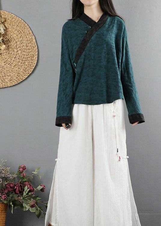 Tea Green V Neck Long Sleeve Shirts
