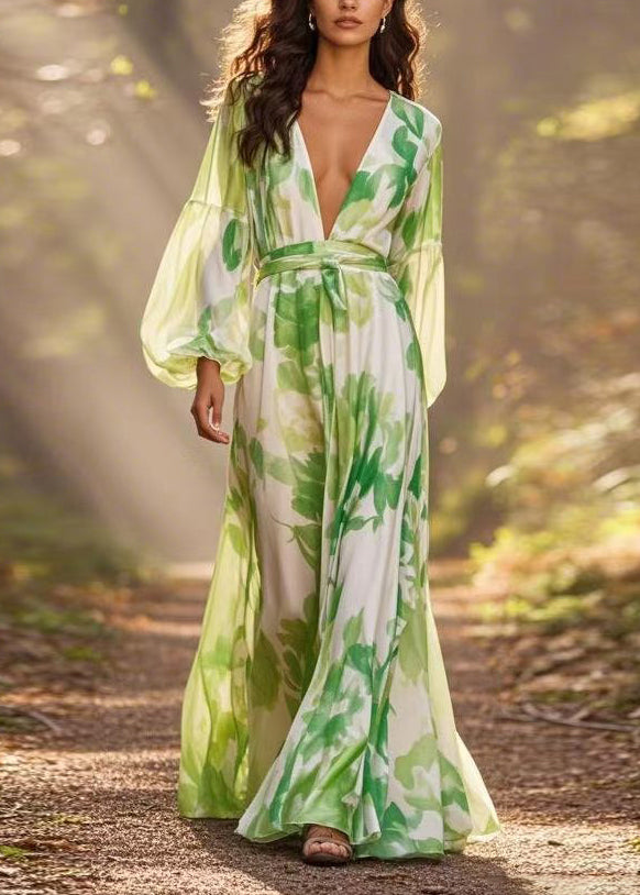 Italian Green V Neck Print Chiffon Long Dresses Lantern Sleeve Spring