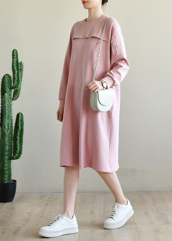 French Pink Patchwork Cotton Long Sleeve Spring Vacation Dresses