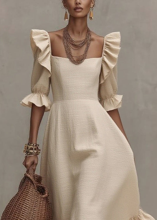 Beige Ruffled Patchwork Long Dresses Short Sleeve