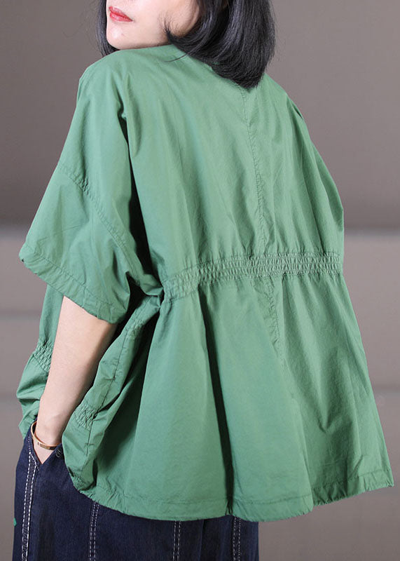 Green Cotton Loose Sweatshirt Top Asymmetrical Design Elastic Wrinkled Short Sleeve