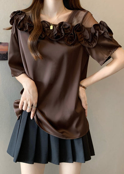 Boutique Brown Ruffled One Shoulder Shirt Tops Summer