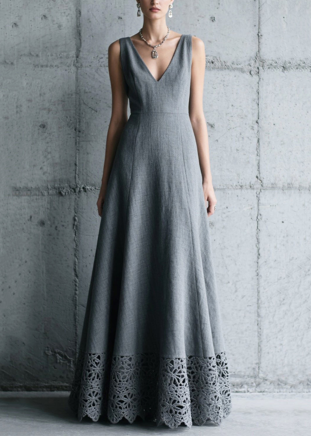 Charcoal Grey V Neck Patchwork Cotton Long Dress Summer