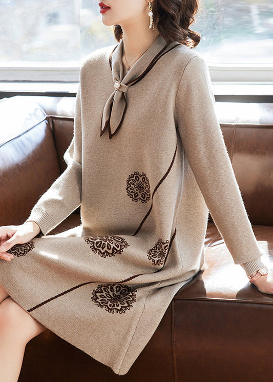 Natural Khaki Peter Pan Collar Cotton Knit Long Weater Dress Fall