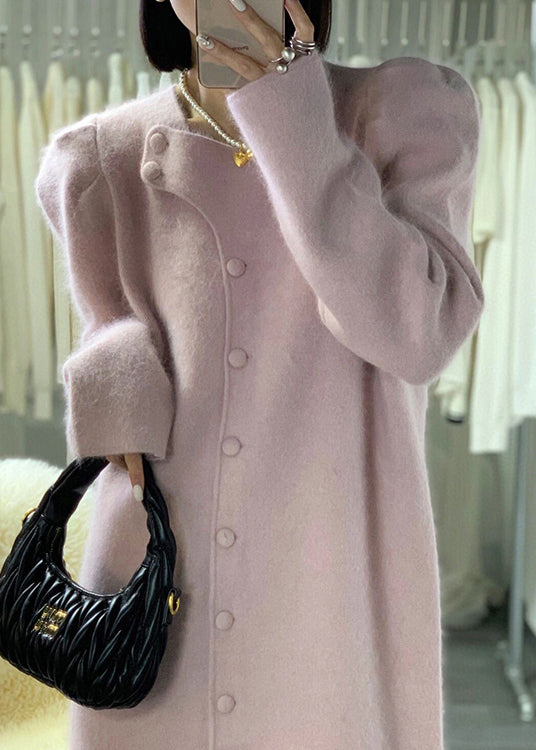 French White Puff Sleeve Button Patchwork Cotton Blend Coat Winter