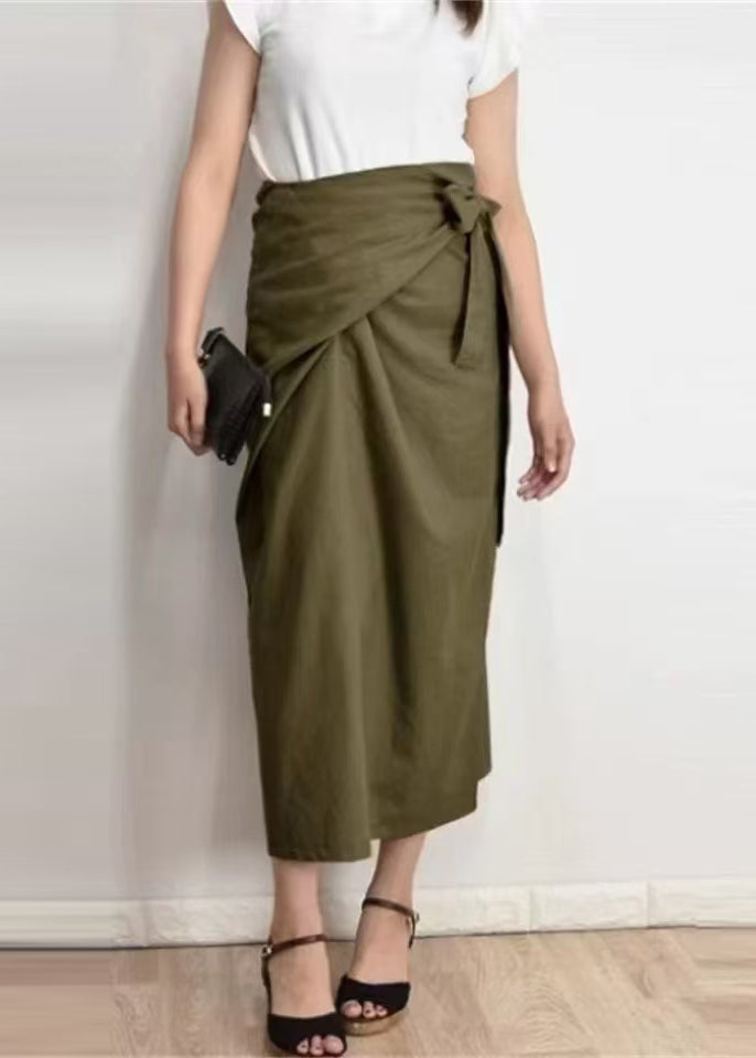 Army Green Asymmetrical Linen Skirts Summer