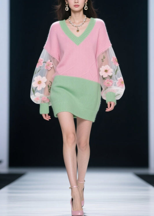Colorblock V Neck Tulle Patchwork Knit Dress Fall