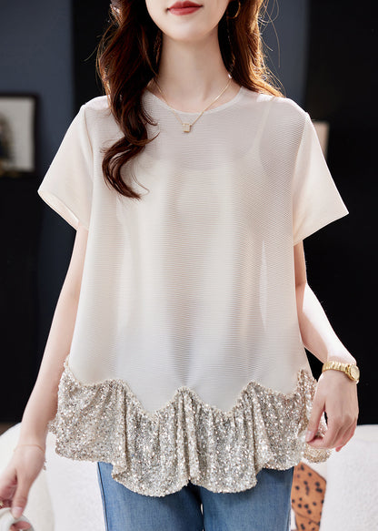 Short Sleeve Apricot O-neck Sequins Patchwork