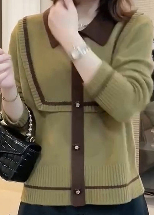 French Green Peter Pan Collar Patchwork Knitted Tops Fall