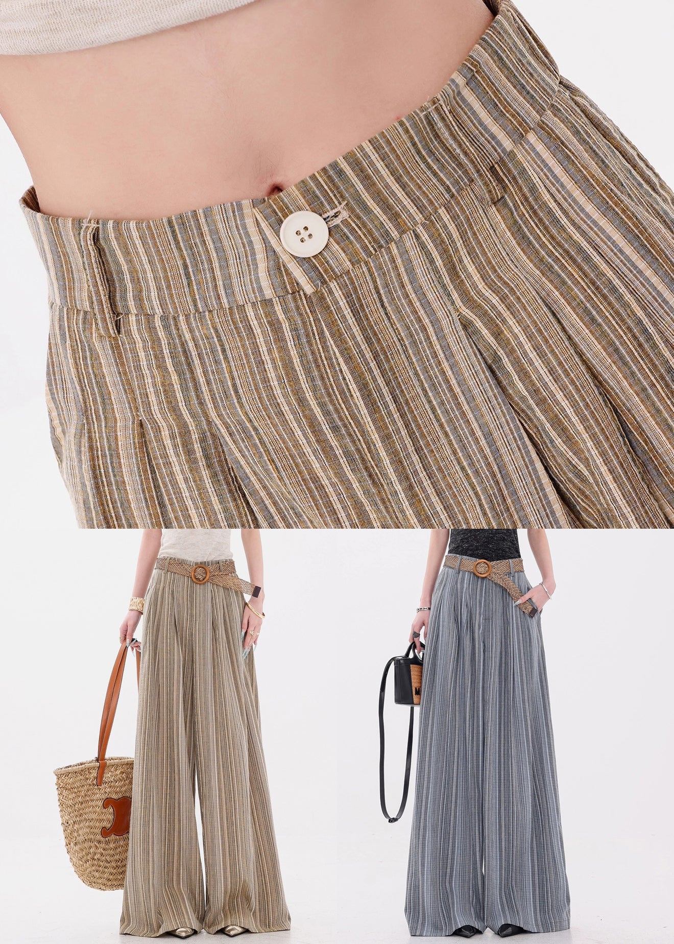 French Yellow Striped Pockets Cotton Wide Leg Pants Fall